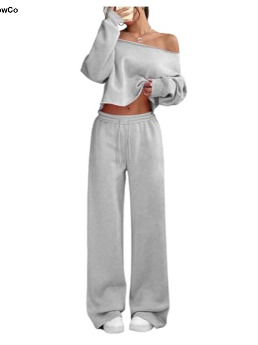 Women's 2 Piece Sweatsuit Off Shoulder Crop Top Wide Leg Lounge Set